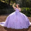 Lavendel Glanzende Quinceanera Jurken Applique Kant Bloem Lieverd Uit De Schouder Gezwollen Feestjurk Kristal Kralen Tull Ball