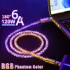 180 ° giratório rgb colorido 120w usb tipo c cabo de dados 6a cabo de carregamento rápido para xiaomi samsung s24 huawei cabo de carga rápida