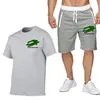 New Men's summer sports set 2 / set of casual short sleeved elastic waist sports rope sports T-shirt shorts set