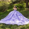 Lavendel Glanzende Quinceanera Jurken Applique Kant Bloem Lieverd Uit De Schouder Gezwollen Feestjurk Kristal Kralen Tull Ball