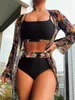 Swim wear Hot Selling Women Bikini 3 Pieces Suit Black/Green/Red Bikini Sets With Long Sleeved Cover Ups High Quality Size Small-XXLarge 240229