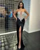 Sexy black prom dress illusion strapless formal evening gowns elegant split pleats party dresses for special occasions sheath promdress