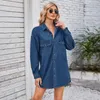 Casual klänningar kvinnor denim solid avstänger krage vestidos enstaka bröst lösa high street tvätt knä längdfickor