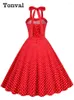 Casual Dresses Tonval Halter Neck Button 50s Pinup Polka Dot Lace-Up Back Corset Dress Vintage Party Women Backless Cotton Elegant Red