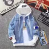 Spring And Autumn Season Splicing Fake Two Denim Jackets For Men's Korean Version Trend Versatile Loose Fitting Work Clothes Hooded Casual Jacket Trend