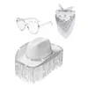 Bérets 3 pièces lunettes de soleil coeur adulte foulard chapeau de cowboy ensemble carnaval mariée anti-soleil avec décor de glands