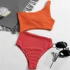 Swim Wear Vigocasey Patchwork Swimwear Women 2023 Sexig One Piece Swimsuit Female One Shoulder Bathing Suit High midja Hollow Monokini Swim 240229