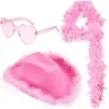 Berets Party Cowboyhut Rosa Federboa Sonnenbrille Cowgirl mit flauschiger Krempe randlose herzförmige Brille Halloween-Dekor