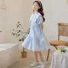 Girl Dresses Korean Summer Junior One-piece Dress Elementary Bow Neckline Bubble Sleeve Fluffy School Elegant