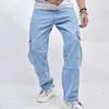 Herr jeans mode high street baggy män retro tvättade rak denim lastbyxor stora sidofickor hip hop byxor streetwear man