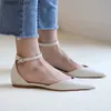 Dress Shoes Women Flats Beige Nude Ballet Pointed Toe Office Work Genuine Leather One Strap Buckle Simple Lady Mary JaneH24229
