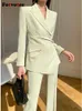 Fotvotee Solid Suit Set Women 2023 Fashion Office Ladies Turn Down Collar Slim Blazers Loose High Waist Flare Pants Suits 240226