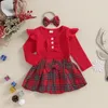 Clothing Sets 2024-09-18 Lioraitiin 0-12M Baby Girl Christmas Outfit Set Ruffle Knitted Ribbed Romper Plaid Skirt Bow Headband 3Pcs