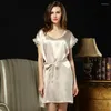 Mulheres sleepwear seda cetim mulheres em torno do pescoço homewear pijamas nightdress sexy vestido de manga curta