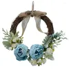 Porta ghirlanda di fiori di peonia blu artificiale con fiori decorativi con foglie verdi a molla per la decorazione domestica della parete anteriore del matrimonio