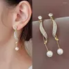 Dingle örhängen 925 Silver Needle Korean Pearl Rhinestone for Women Jewelry 2024 Trending Women's Long Crystal Tassel 2Z40