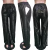 Capris Womens PU Faux Leather Straight Pants High Waist Female Loose Wide Leg Trousers Pocket Fashion Vintage Leisure Pants