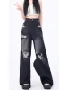 Jeans preto para mulheres primavera verão quente meninas cintura alta em linha reta perna larga calças jeans estilo americano baggy buraco rasgado jeans