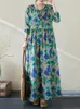 Robes décontractées 2024 Printemps Automne Coton Bleu Floral Vintage Pour Femmes Lâche Longue Mode Élégante Robe D'art Bureau Dame Vêtements