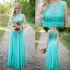 Elegant Turquoise Chiffon Bridesmaid Dress with Illusion Lace Neck and Beaded Top Long Plus Size Wedding Party Gowns BM3057