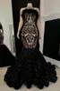 Deep Purple Cascading Lace Flowers Feather prom Dresess Sexy Mermaid Strapless Backless Black Evening Gowns Formal BC18277