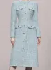 HMA Womens Dresses Winter Long Sleeves Luxury Oneck Tassel Single Tweed Tweed Dress Corean Blue Elegant Slim 240226