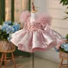 Embroidered Tulle Flower Girl Dresses New Satin Pink Floral Long Sleeves Bohemian Beach Wedding Gowns Toddler Brithday Party Special Ocn Wear 2024 403