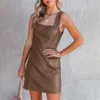 Halsringning fashionabla kvinnor en linje spänningsklänning sommar smal passform minimalistisk pu klänning kort kjol för kvinnor 1zrey301h