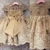 Nya guld Champagne Princess Girls Pageant Dresses Juvelhals ärmar Lace Applicques Pearls Flower Girl Dress Party First Communion Gowns Back With Bow BC16919
