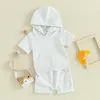 Ensembles de vêtements pour bébés garçons, vêtements d'été, manches courtes, t-shirts à capuche, hauts, taille élastique, ensemble 2 pièces, tenues solides pour nourrissons