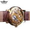 Orologi Winner Gold Skeleton Orologi da uomo cinturino in pelle marrone meccanico a carica manuale orologi da polso da uomo prezzo economico spedizione gratuita 2022