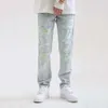 Calças de brim desgastadas da rua, europeias e americanas, nicho masculino estilo hip-hop solto perna reta calças de retalhos