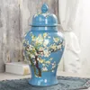 Garrafas Templo Chinês Jar Pássaro e Flor Cerâmica Tampa Flor de Ameixa Pintura Gengibre Vaso El Decoração de Casa Cor Azul