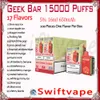 100% original Geek Bar 15000 Puff Cigarrillo electrónico desechable 17 sabores 16 ml Pod Batería recargable 650 mAh 15 K Puffs Vape Pen