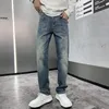 Jeans masculinos primavera verão homens slim fit europeu americano tbicon high-end marca pequena calça reta LX8811-0
