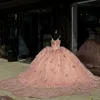 ثوب الكرة اللامع الوردي فستان Quinceanera 2024 زهور الدانتيل الزهور حبات Tull Spaghetti Sweet Sweet 16 Years Vestidos 15 de XV Anos