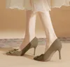 Designer Women Evening Party Dress Khaki Black High Heel Shoes 8 CM Stiletto Heels Pointed Toe Slip-On Fashion Shoes