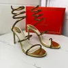 Nuovo Rene Caovilla Cleo Rhinestone Snake Strass Strass Sandals da sera 95 mm Scarpe da sera con tacchi da donna Scarpe da design avvolgente con caviglia con scatola 35-43