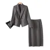 Vinter solida ullföretag Slim Formal Office Lady Blazer Tops Zipper Midi Split kjol Kvinnor 2st Set Ealegant Quality Suit 240226