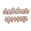 Colorful Gold Silver Rose Gold CZ Vampire Teeth Grillz Iced Out Micro Pave Cubic Zircon 8 Tooth Hip Hop Grill Top Bottom Grillz Teeth Set with Silicon Molding Bar