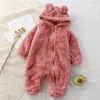 Söt vinter varm baby romper korall fleece tecknad björn huva pojkar flickor född spädbarn jumpsuit kläder mjuk pyjama 240219