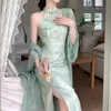 Sommarkvinnor ärmlös sexig delad qipao elegant tryck blomma kinesisk klänning retro traditionell orientalisk kläder cheongsam 240220