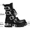 Botas masculinas moda couro genuíno motocicleta gótico crânio punk design rock unisex meados de bezerro metálico combate boot48