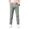 Men's Pants Men Drawstring Elastic Waist Pockets Straight Slim Slightly Strechy Ankle Length Mid Long Trousers