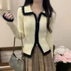 Женская трикотажная блузка 2024, осень-зима, утягивающее пальто, вязаная базовая рубашка, винтажный свитер с лацканами, приталенный свитер, куртка, укороченный топ-кардиган