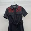 Milan Runway Dress 2024 Black Lapel Neck Short Sleeves Denim Embroidery Belt Long Dresses Holiday Vestidos De Festa 22903