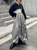 Röcke Oymimi Modischer grauer, lockerer Damenrock, eleganter PU-Lederrock mit hoher Taille, Streetwear, lässig, gekräuselt, knöchellang