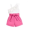 Kläder sätter baby flickor sommarutrustning solid färg rufsar tank tops och elastiska shorts med bältesätt mode söta kläder