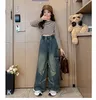 Mode Große Mädchen Loch Jeans Alte Kinder PU Leder Gürtel Breite bein Denim 2024 Frühling Teenager Gerade Cowboys Hosen z6903