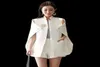 Spring Runway Designer Women Beadinged Diamond Cape Blazer Sexy Black White Ruched Coats White Blazer Cape Office Wear2613679